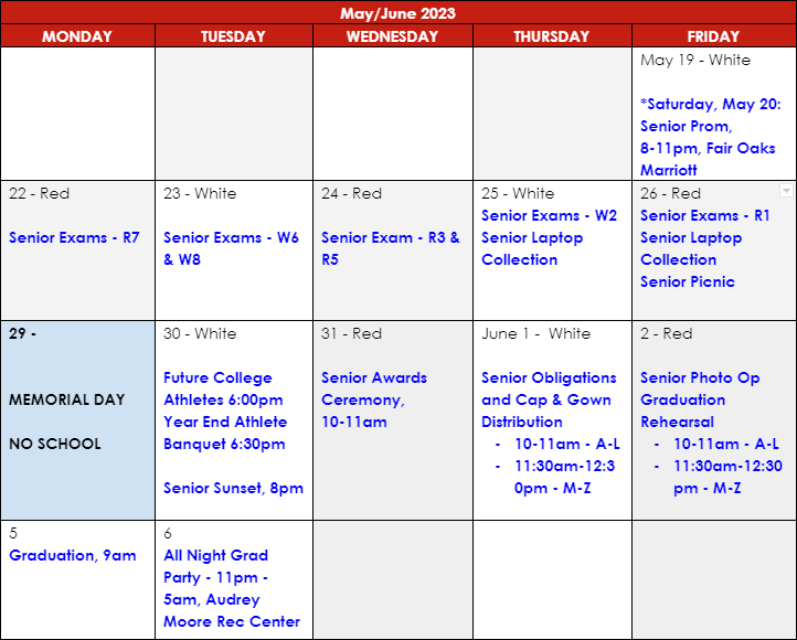 May/June Senior Calendar of Events